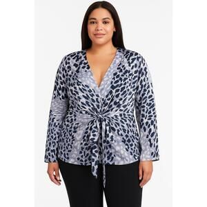 Colleen Lopez Blouse Womens 1X silver/gray/black Front Tie Low Cut